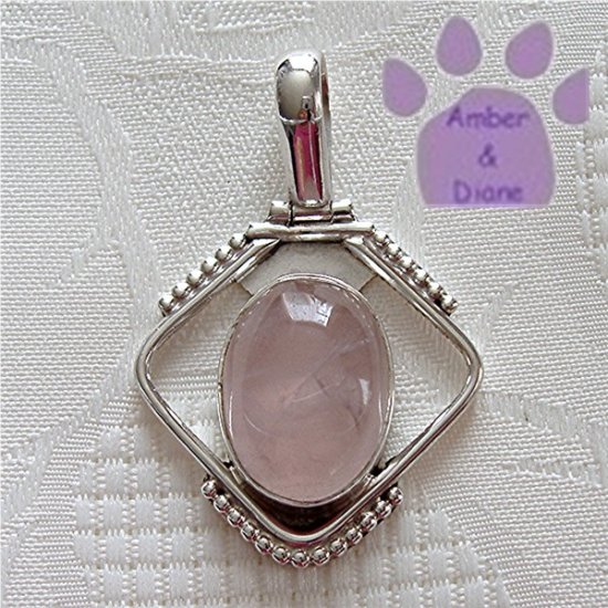 Rose Quartz Sterling Silver Pendant Oval Gemstone in beaded silver frame