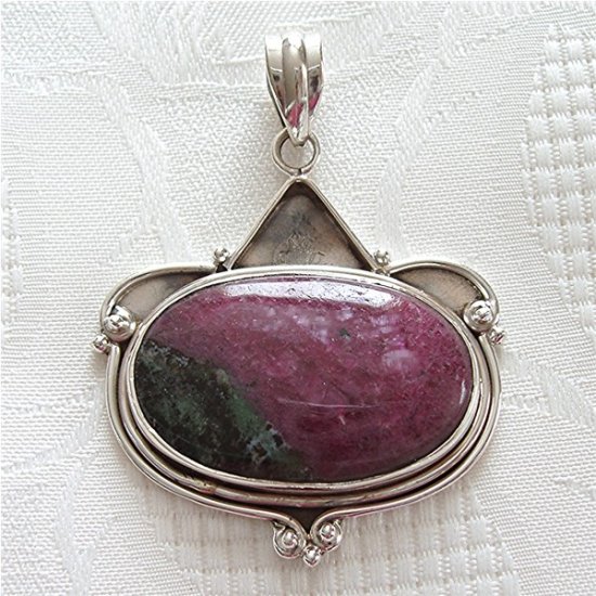 Ruby Zoisite Large Oval Sterling Silver Pendant in a detailed frame