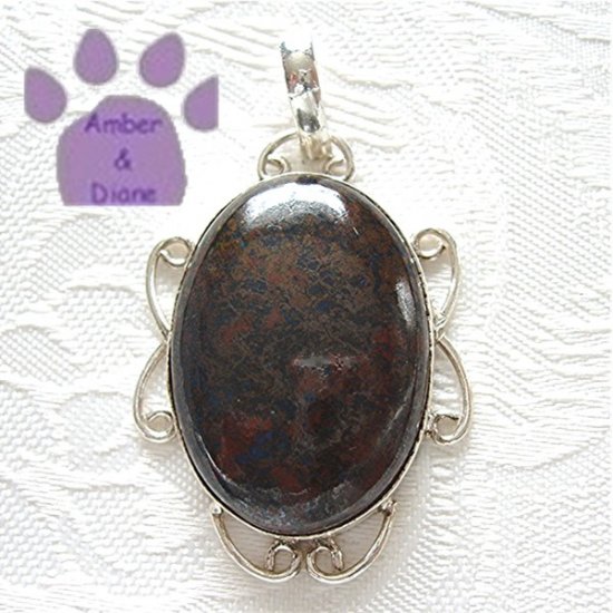 Tiger Iron Jasper Oval Sterling Silver Pendant metallic blue-black, copper
