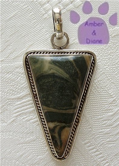 Zebra Jasper Sterling Silver Pendant triangle cream and green