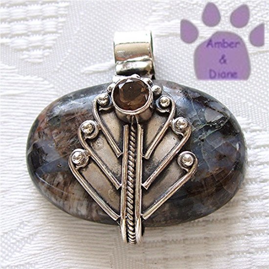 Jasper Sterling Silver Oval Pendant banded silver with citrine
