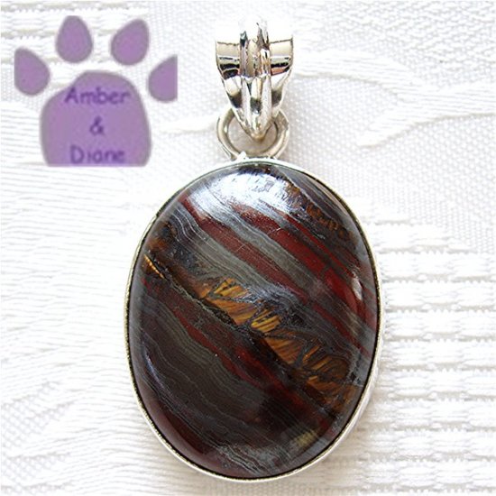 Tiger Iron Jasper Oval Sterling Silver Pendant metallic gray, red & gold