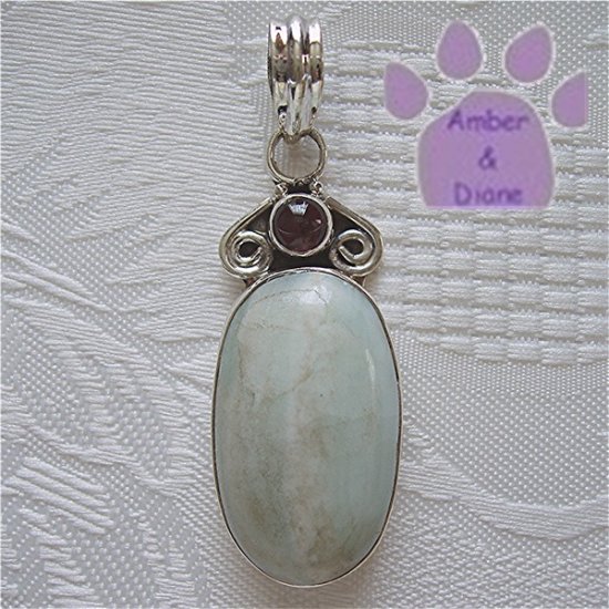 Aquamarine Oval Sterling Silver Pendant pale mint with tourmaline