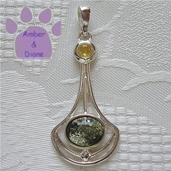Baltic Amber Sterling Silver Pendant green oval and round lemon