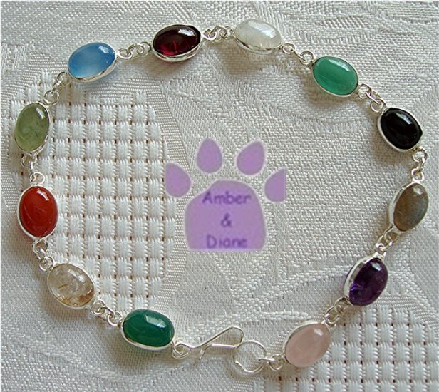 Multi-Gemstone Sterling Silver Bracelet oval links 7.5 inches TR1307