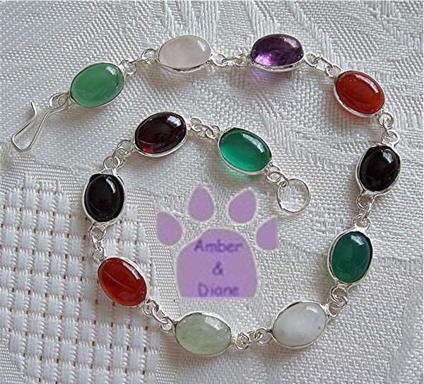 Multi-Gemstone Sterling Silver Bracelet oval links 7.5 inches TR1306