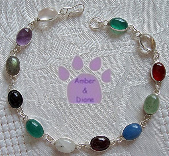 Multi-Gemstone Sterling Silver Bracelet oval links 7.5 inches TR1305
