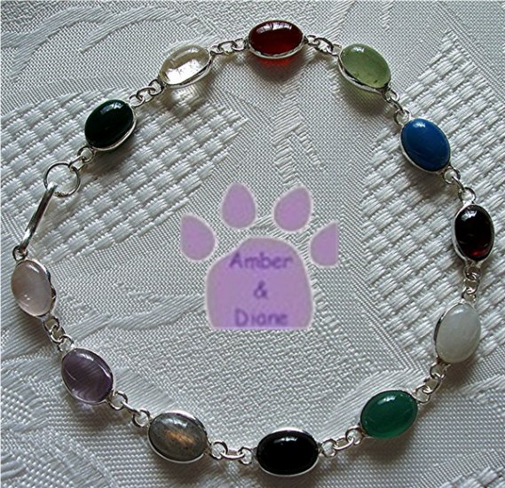 Multi-Gemstone Sterling Silver Bracelet oval links 7.5 inches TR1312