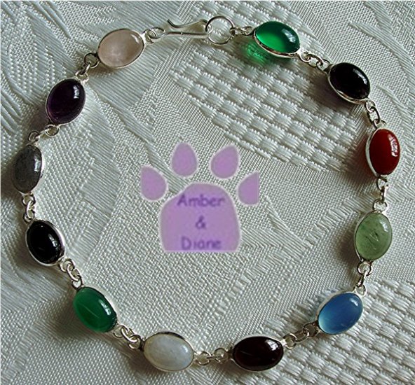 Multi-Gemstone Sterling Silver Bracelet oval links 7.5 inches TR1311