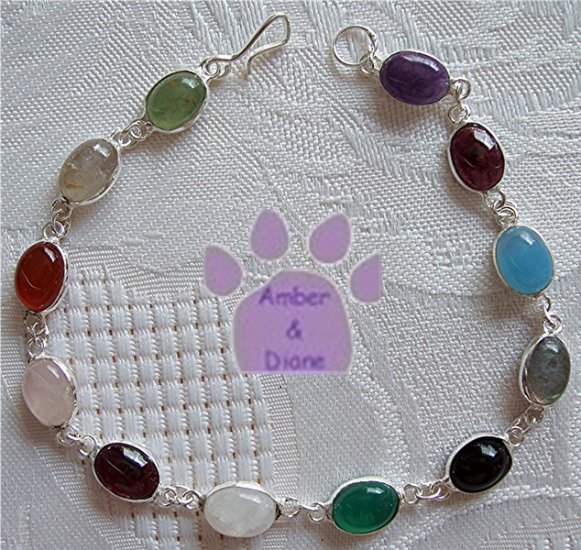 Multi-Gemstone Sterling Silver Bracelet oval links 7.5 inches TR1310