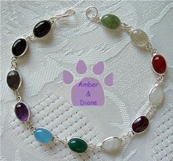 Multi-Gemstone Sterling Silver Bracelet oval links 7.5 inches TR1309