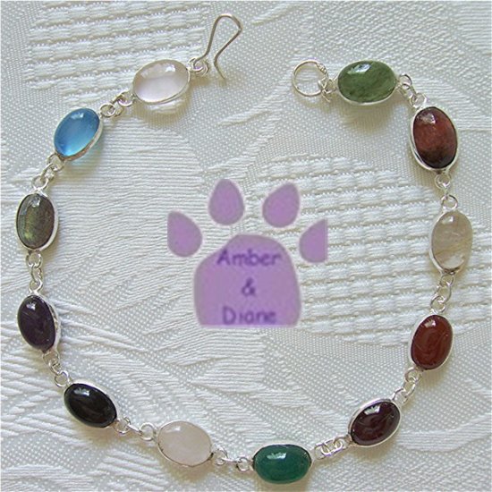Multi-Gemstone Sterling Silver Bracelet oval links 7.5 inches TR1308