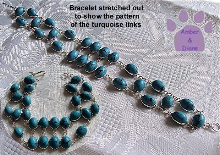 Turquoise Sterling Silver Bracelet oval links intricate design TR1317