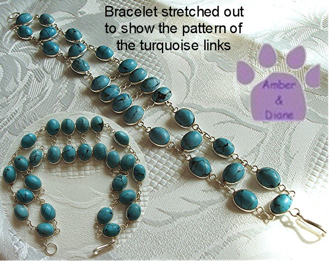 Turquoise Sterling Silver Bracelet oval links intricate design TR1316