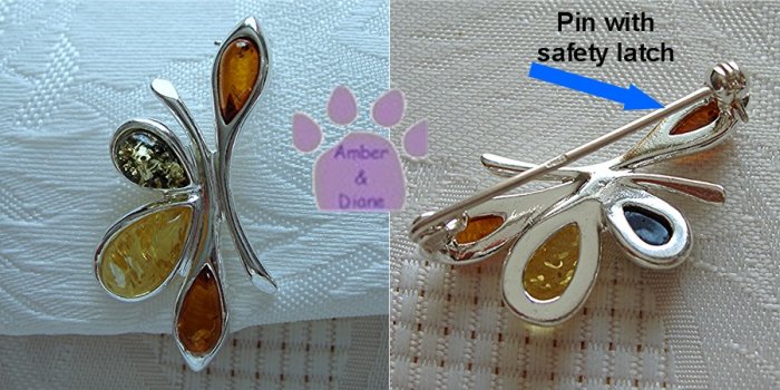 Baltic Amber Sterling Pin Honey Lemon Green Falling Leaves Brooch