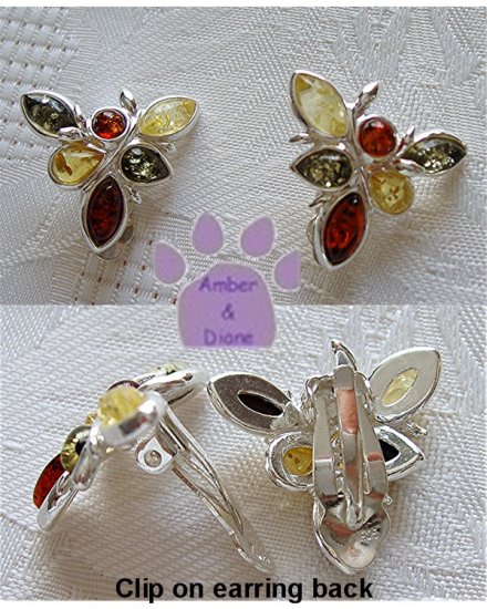 Baltic Amber Sterling Silver Clip-on Earrings Lemon Green Cognac 1292