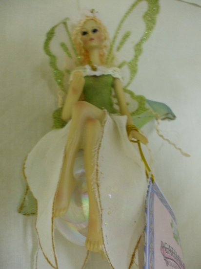 Porcelain Hanging Fairy with Wings on Glass Ornament:Green