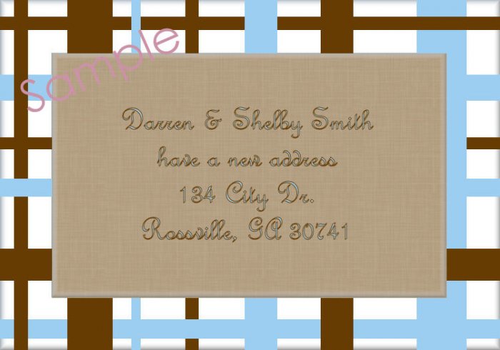 Just Moved Moving Announcements Personalized Cards Blue And Brown Plaid
