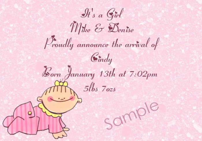 New Baby Birth Announcements Personalized Cards Baby Girl With Speckled Background