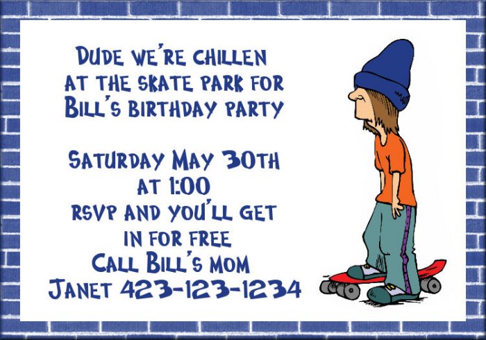 Birthday invitations personalized skater skateboard kid