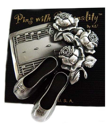 Designer-Pewter Metal Ballet Slippers & Roses Pin