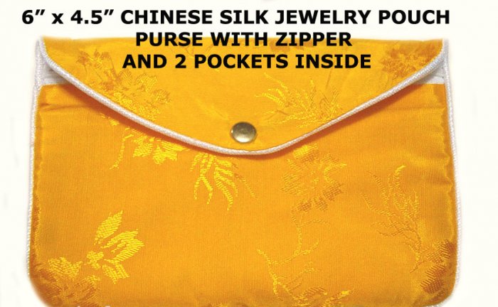 Orange Color Chinese Silk Jewelry Pouch Purse with Zipper & 2-Pocket inside
