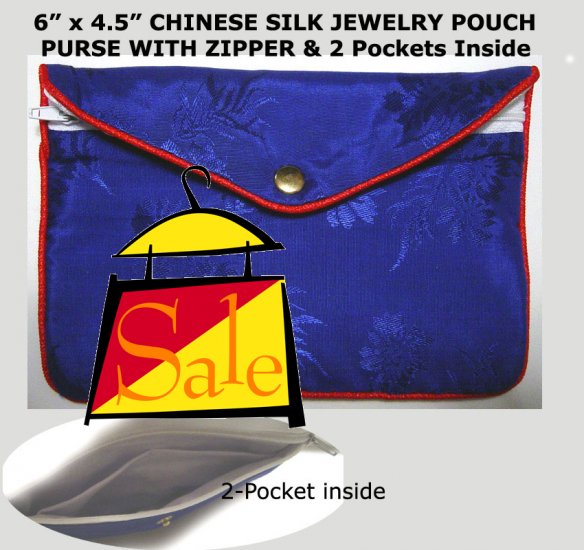 Purplish Blue Color Chinese Silk Jewelry Pouch Purse with Zipper & 2-Pocket inside
