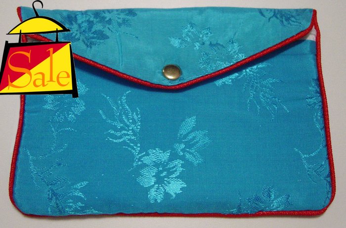 Blue Color Chinese Silk Jewelry Pouch Purse with Zipper & 2-Pocket inside