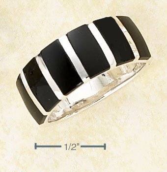 NEW TREND! 0.925 STERLING SILVER 8MM BAND WITH BLACK ONYX STRIPES WOMEN'S RING - Size 6
