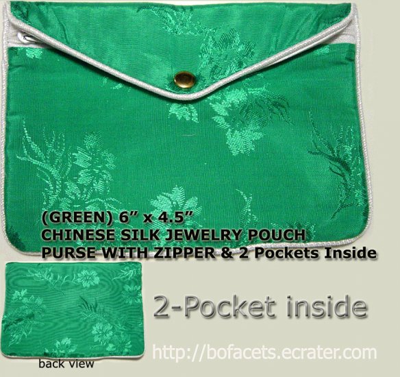 Green Color Chinese Silk Jewelry Pouch Purse with Zipper & 2-Pocket inside