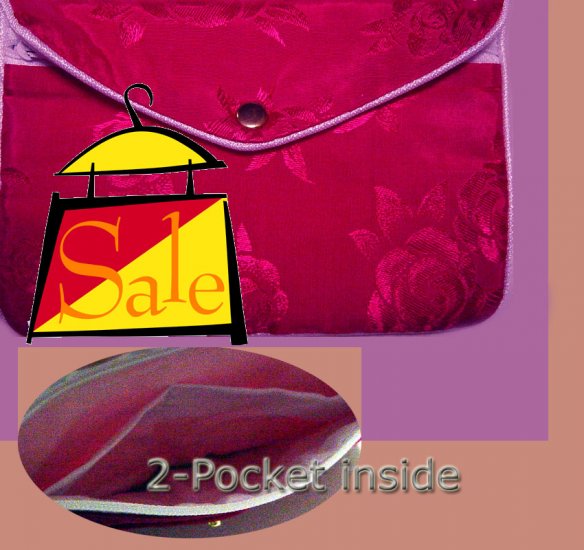 Magenta Color Chinese Silk Jewelry Pouch Purse with Zipper & 2-Pocket inside