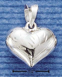 NEW 0.925 STERLING SILVER SMALL WIDE ETCHED PUFFED HEART PENDANT