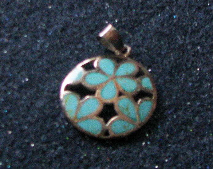 Gift Boxed 0.925 Sterling Silver 23MM Round Floral Reconstituted Turquoise Pendant