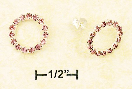 A Pair 0.925 Sterling Silver 14MM Pink Crystal Circle Post Earrings