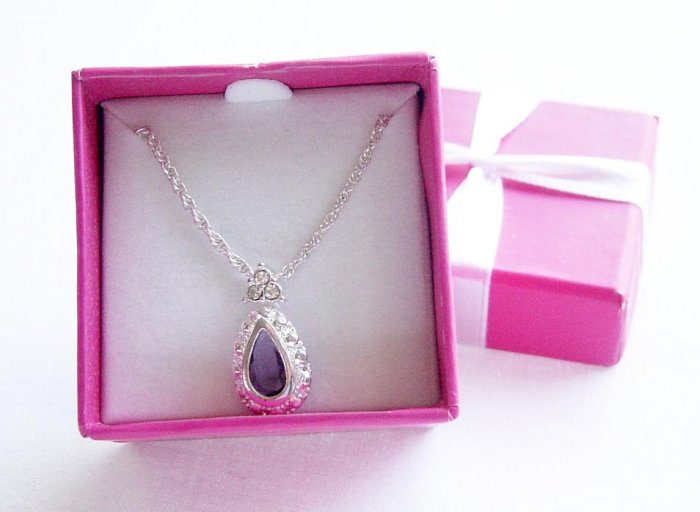 Gift Boxed Jeweltone Pearl Shaped Amethyst Crystal & Clear Rhinestones Silvertone Necklace