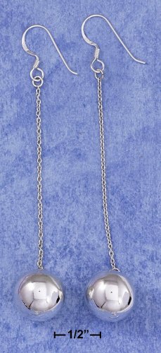 0.925 STERLING SILVER 3.5" LONG SINGLE STRAND 14MM BALL FRENCH WIRE DANGLE EARRINGS