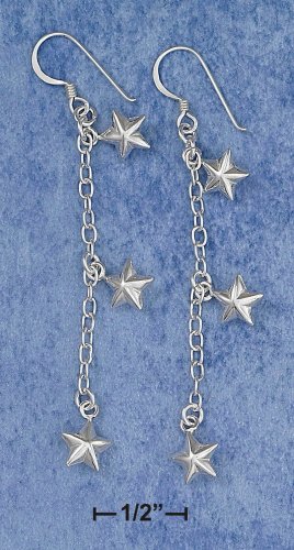 0.925 STERLING SILVER 2" 6MM PUFFED STAR FRENCH WIRE DANGLE EARRINGS