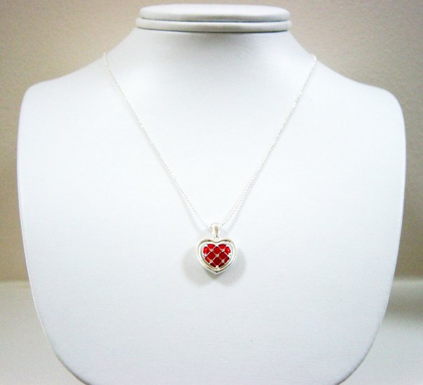 SILVERTONE SCATTERED CUBIC ZIRCONIA CRYSTAL "2-Sided Heart Shape" PENDANT NECKLACE