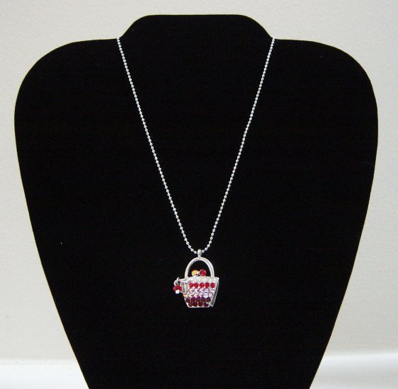SILVERTONE ASSORTED COLOR CUBIC ZIRCONIA CRYSTAL "HANDBAG" PENDANT NECKLACE