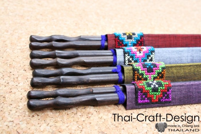 Wood Thai Chopsticks 4 Sets in Thai Silk Gift