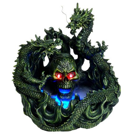 Dual Dragon with Skull Head Water Mist Fountain LED Light Statue