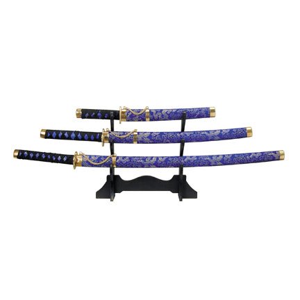 Blue Cloth Body Samurai 3 Sword Set with Stand