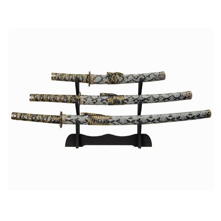 Blue Snake Skin Body Samurai 3 Sword Set with Stand