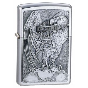 Brushed Chrome, Harley Davidson Made in the USA Eagle & Globe Emblem Zippo Lighter