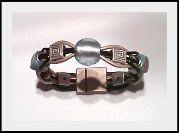 Hand-made gold and brown leather string bracelet with glass bead colour sky blue & multi-colour!