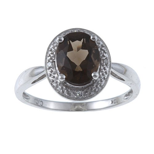 10k White Gold Oval Smokey Topaz and Diamond Ring