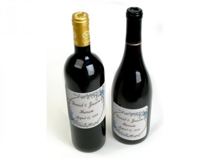 18 Wedding Wine Bottle labels Blue Flowers Reception Party Favors High Gloss Labels