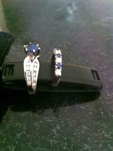 18k white gold diamond+sapphire solitaire ring & band