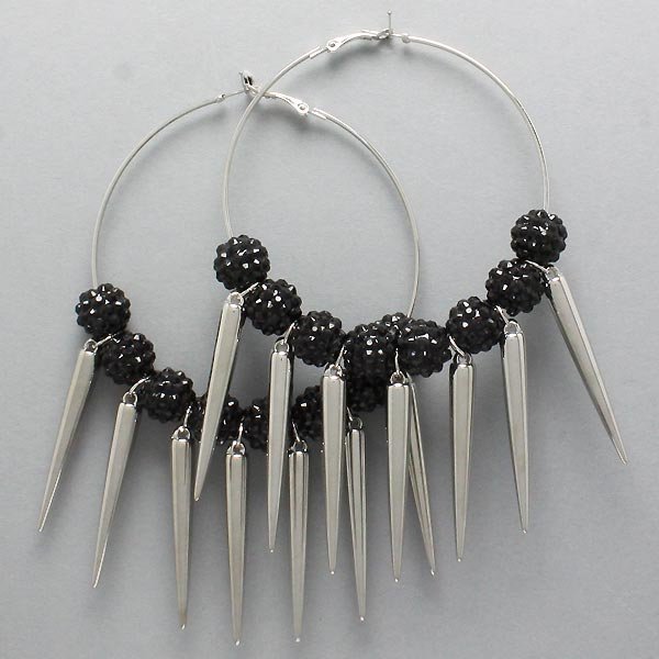 Blk and Silver spike Hoop Earring