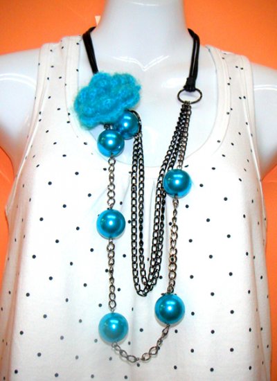 Ariel Blue Flower n Pearls Necklace